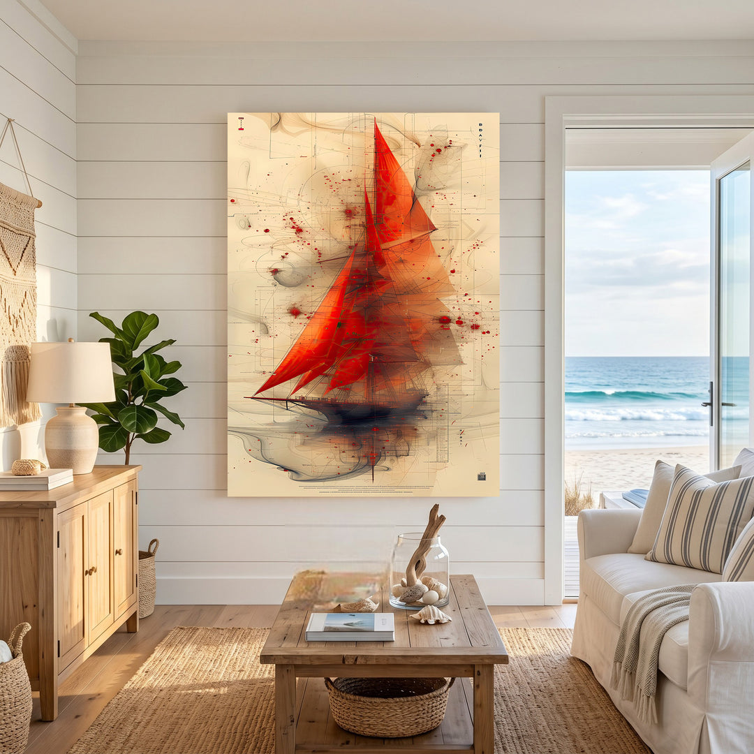 Wadi Home abstract sailboat artwork with vibrant red sail on textured neutral background. Modern nautical art.