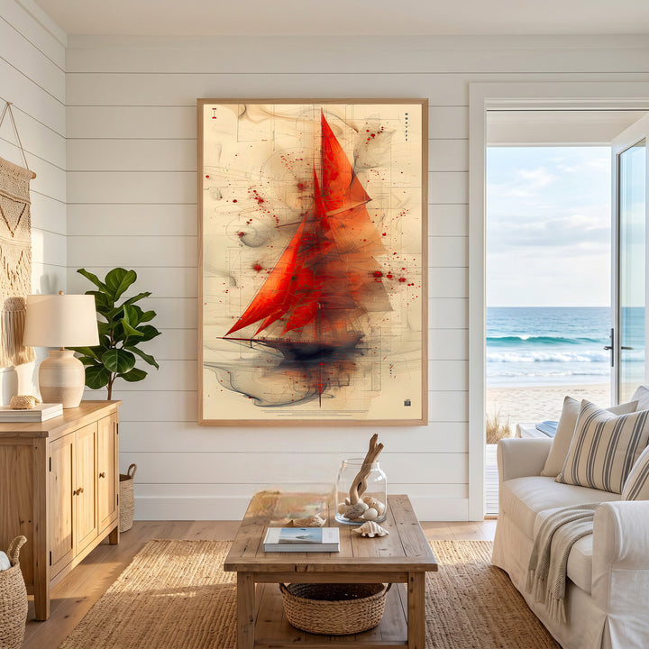 Wadi Home abstract sailboat artwork with a vibrant red sail on a textured neutral background, framed in light wood.