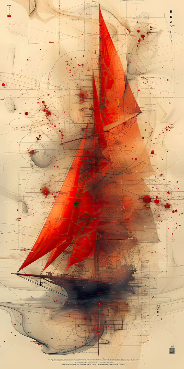 Wadi Home abstract sailboat artwork with vibrant red sail on textured neutral background. Modern nautical art.