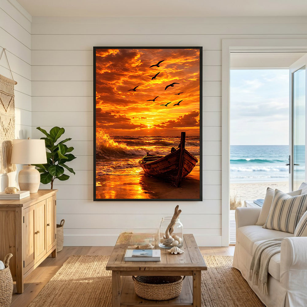 Wadi Home wall art of a wooden boat on a beach at sunset with orange and red sky and birds flying.
