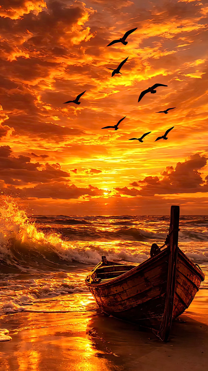 Wadi Home wall art depicting a wooden boat on a beach at sunset with fiery orange and red skies and birds flying.