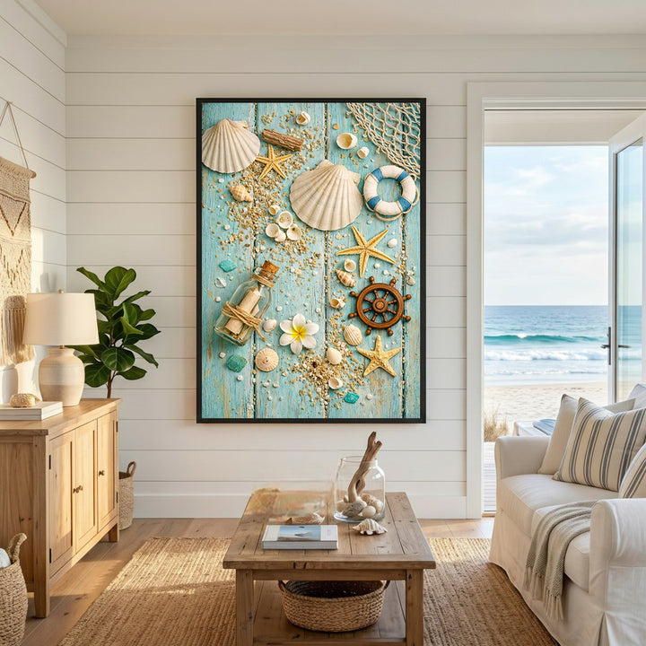 Wadi Home Nautical Beach Treasures wall art with seashells, starfish, ship's wheel, message in a bottle, and life preserver on turquoise wood.