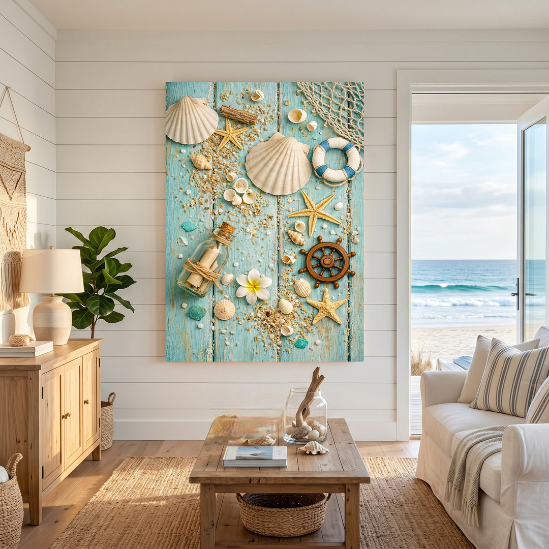 Wadi Home Nautical Beach Treasures wall art with seashells, starfish, ship's wheel, message in a bottle on turquoise wood.