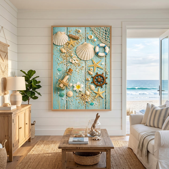 Wadi Home Nautical Beach Treasures wall art with seashells, starfish, ship's wheel, message in a bottle, and life preserver on turquoise wood.