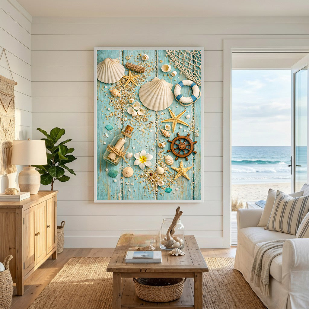 Wadi Home Nautical Beach Treasures wall art with seashells, starfish, ship's wheel, message in a bottle on turquoise wood.