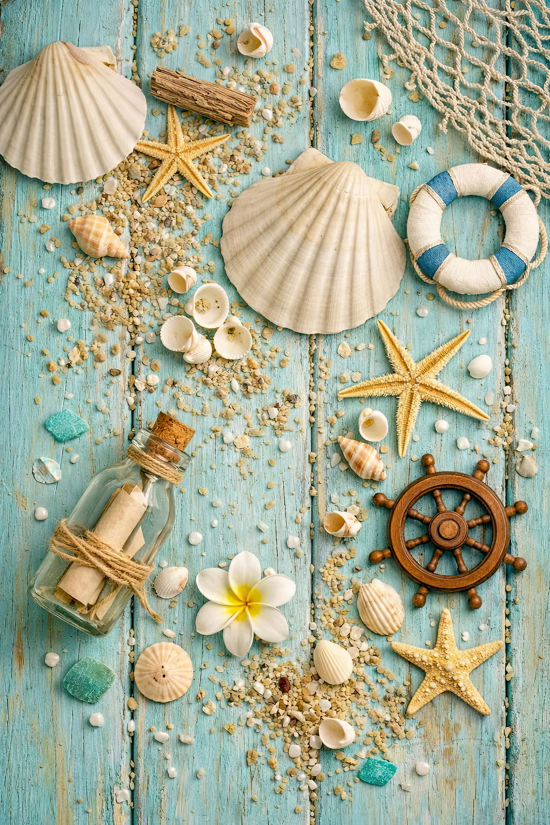 Wadi Home Nautical Beach Treasures wall art with seashells, starfish, ship's wheel, message in a bottle on turquoise wood.