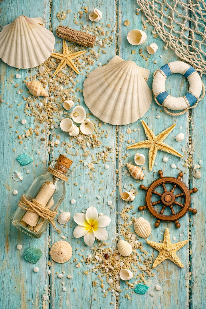 Wadi Home Nautical Beach Treasures wall art with seashells, starfish, ship's wheel, message in a bottle on turquoise wood.