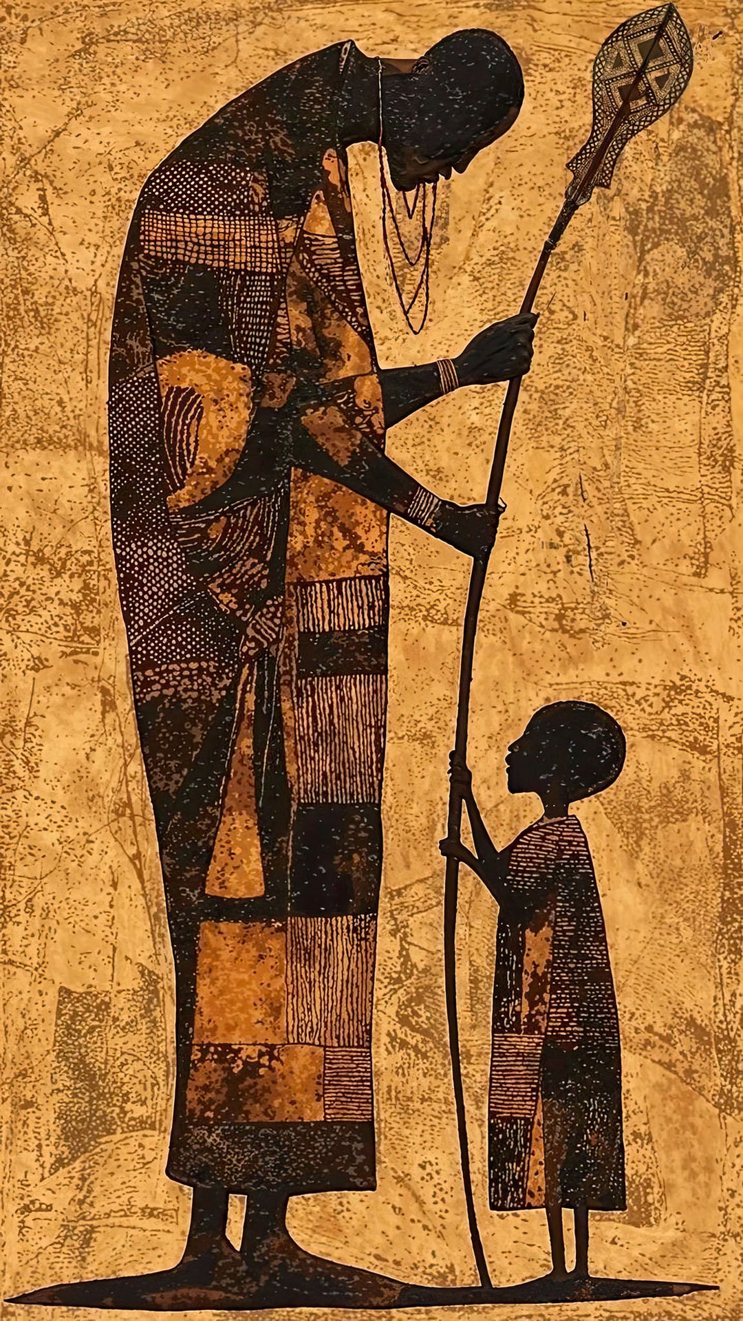Wadi Home tribal elder and child wall art in gold, brown, and black. Textured silhouette with intricate patterns and staff.