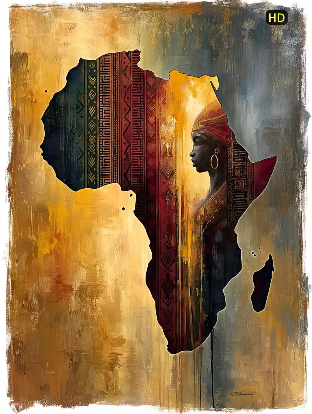 Wadi Home African continent silhouette wall art with portrait of a woman, textured earth tones, and traditional patterns.