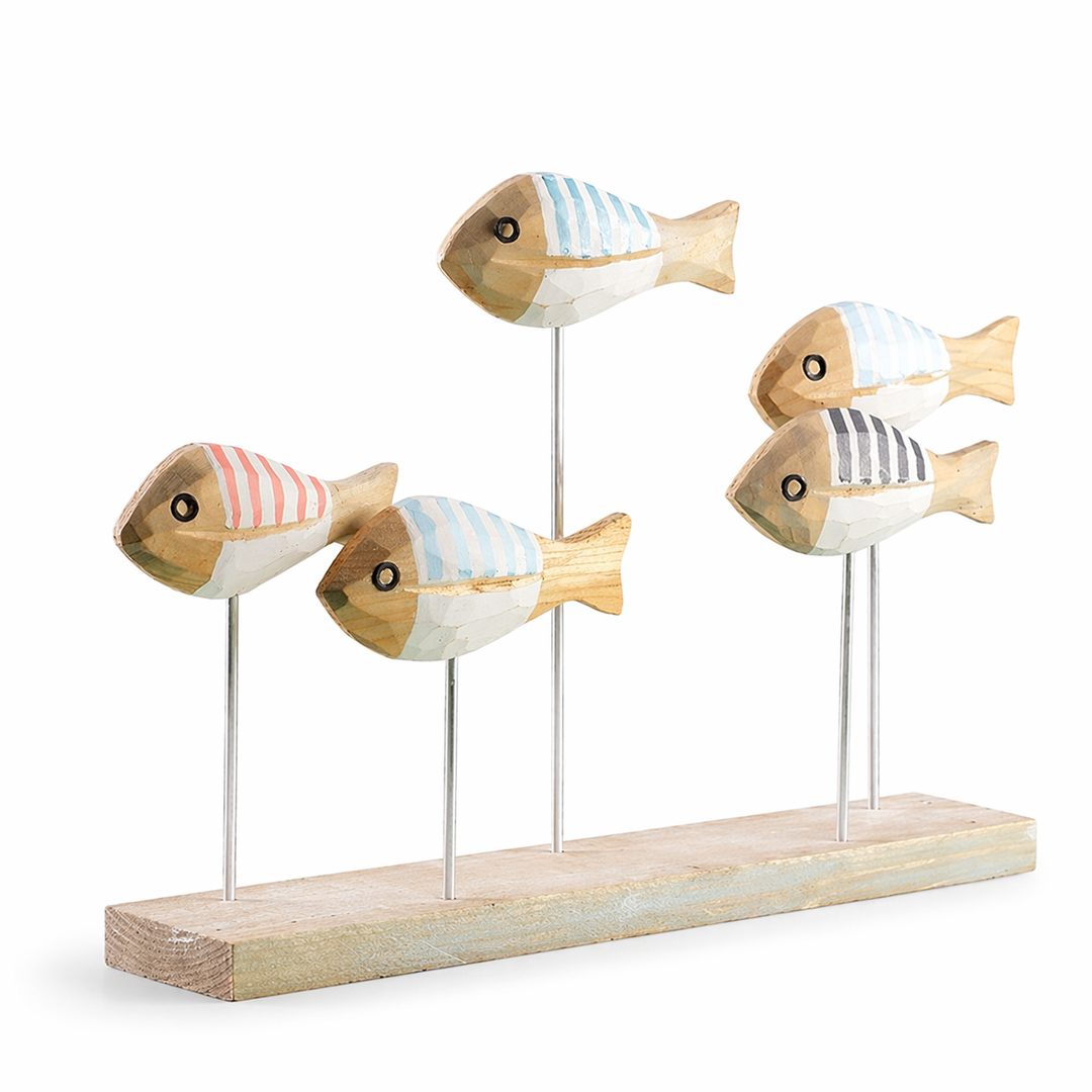 Handcrafted multicolor wooden fish table decor with natural base in soft coastal tones