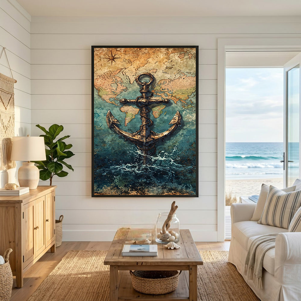 Wadi Home Nautical Anchor World Map Wall Art with vintage map, anchor, and ocean waves. Rich blues and earthy tones.