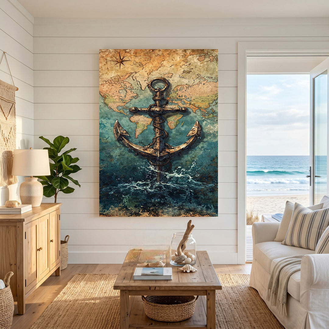 Wadi Home Nautical Anchor World Map Wall Art, vintage map with anchor over deep blue sea, rich blues and earthy tones.