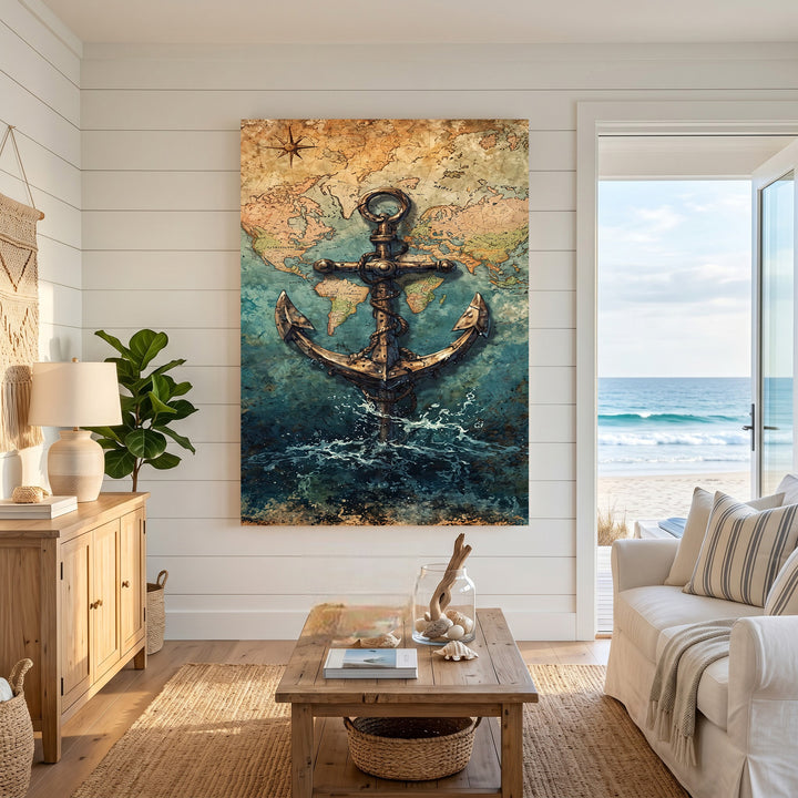 Wadi Home Nautical Anchor World Map Wall Art, vintage map with anchor over deep blue sea, rich blues and earthy tones.