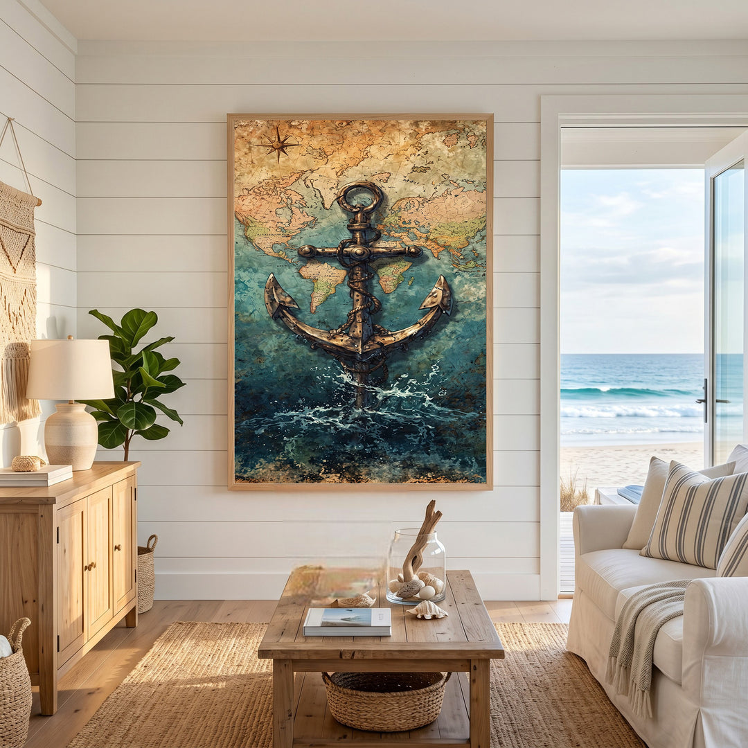 Wadi Home Nautical Anchor World Map Wall Art with vintage map and anchor over deep blue sea.