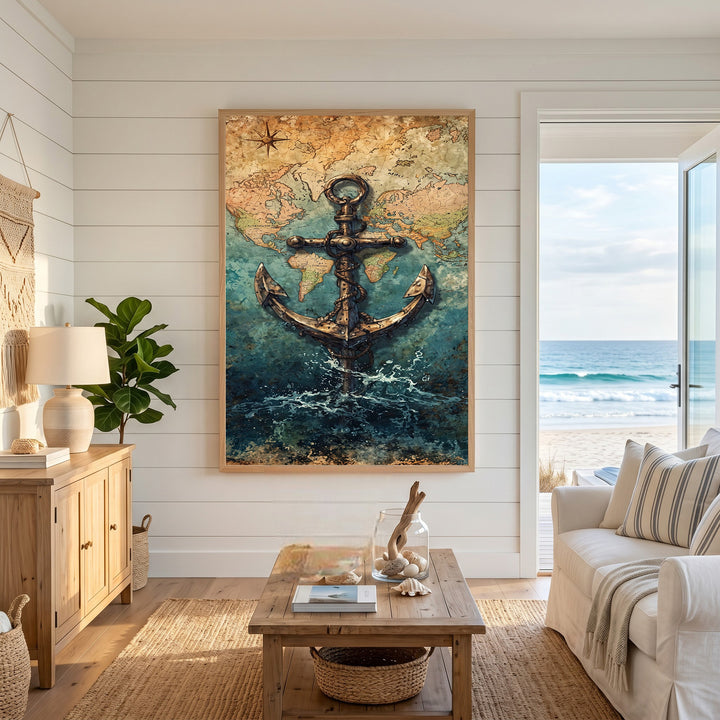 Wadi Home Nautical Anchor World Map Wall Art with vintage map and anchor over deep blue sea.