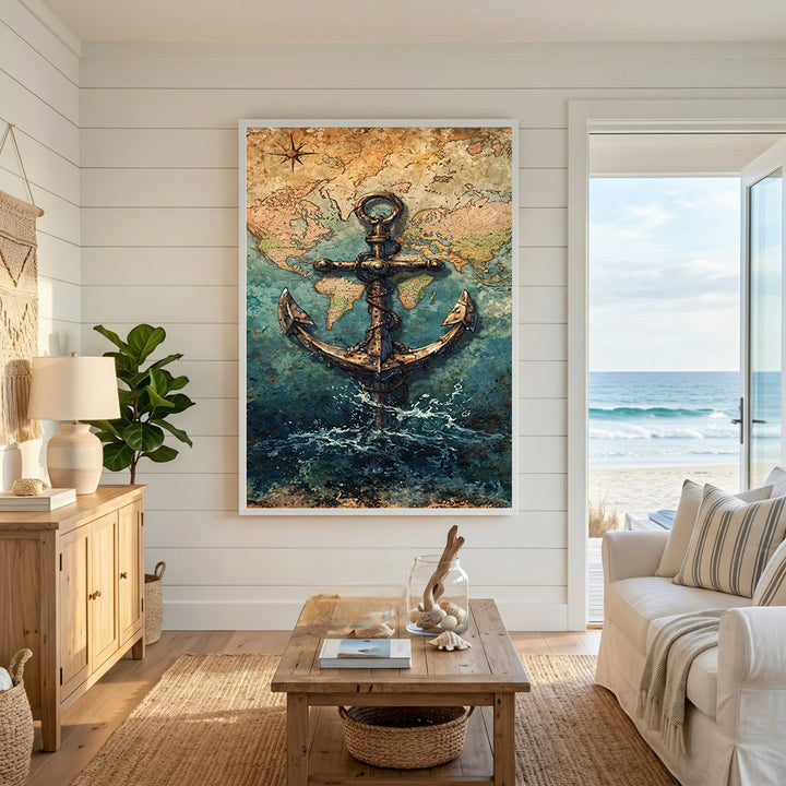 Wadi Home Nautical Anchor World Map Wall Art with vintage map, anchor, and ocean waves. Rich blues and earthy tones.