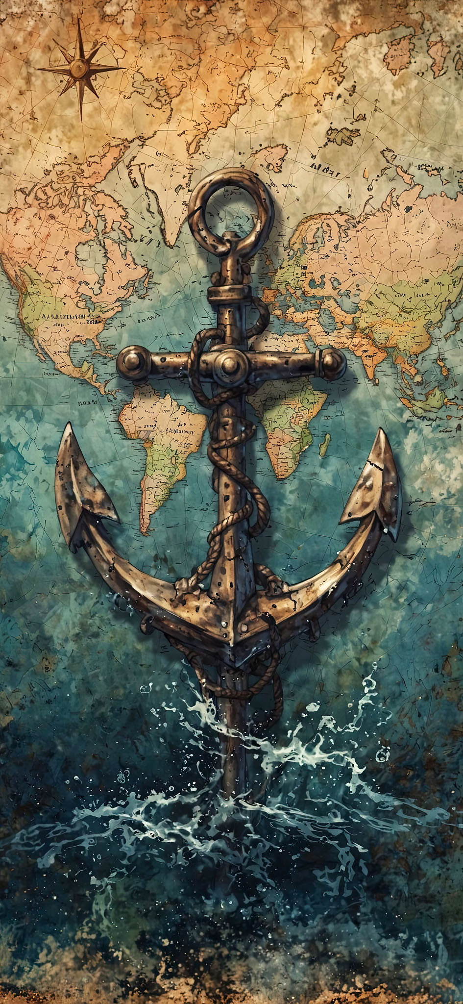Wadi Home Nautical Anchor World Map Wall Art, vintage map with anchor over deep blue sea, rich blues and earthy tones.