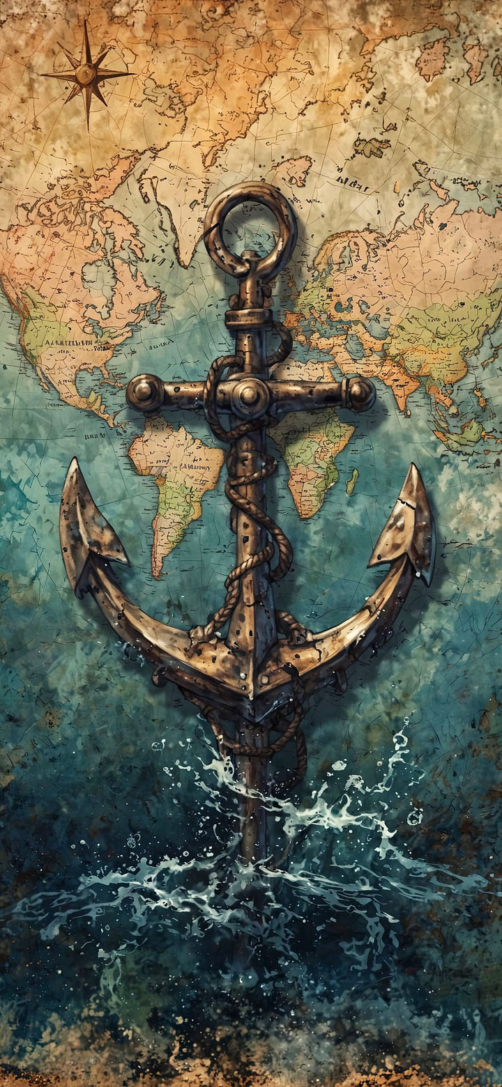 Wadi Home Nautical Anchor World Map Wall Art, vintage map with anchor over deep blue sea, rich blues and earthy tones.