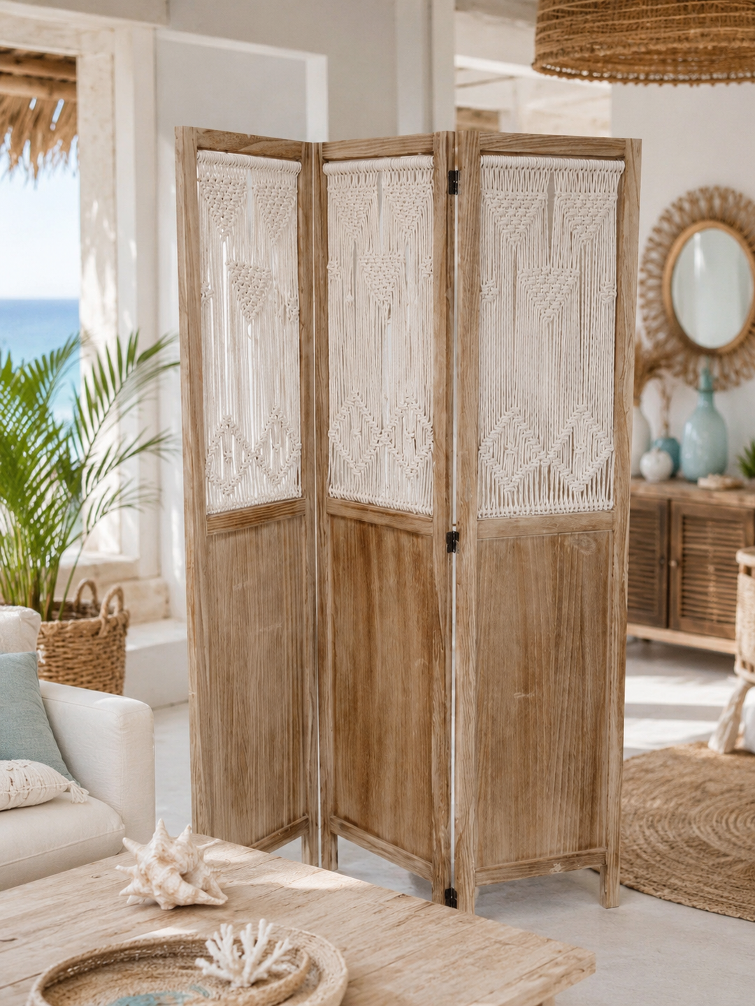 Boho Wooden & Macramé Folding Room Divider