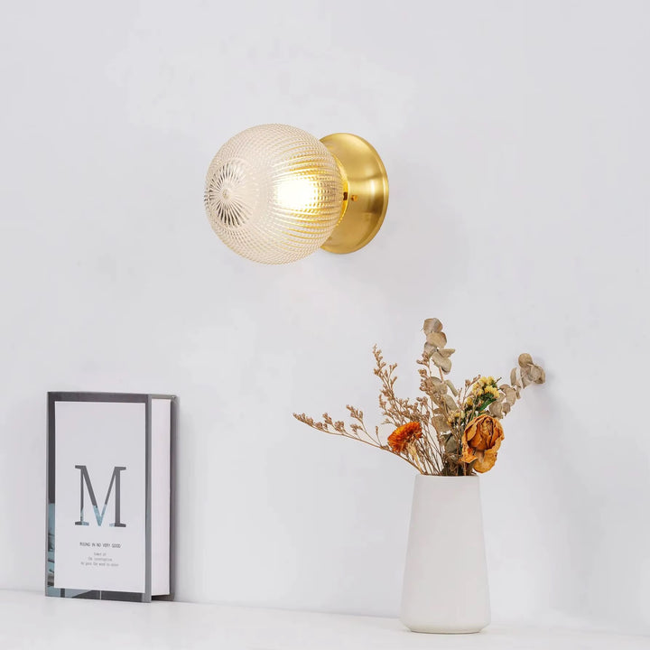 Vintage Brass Flush-Mount Ceiling Light with Textured Glass Globe