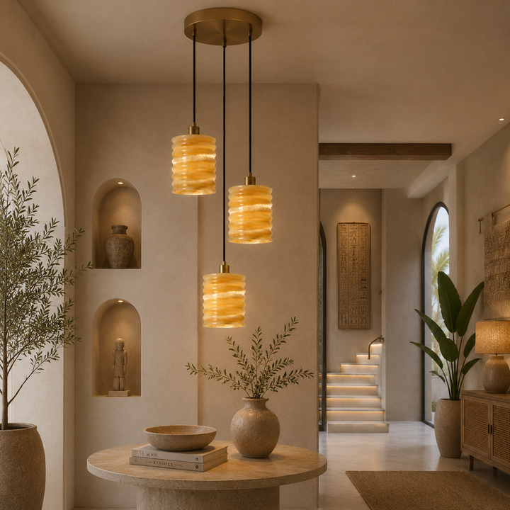 Modern Amber Ribbed Glass Pendant Light