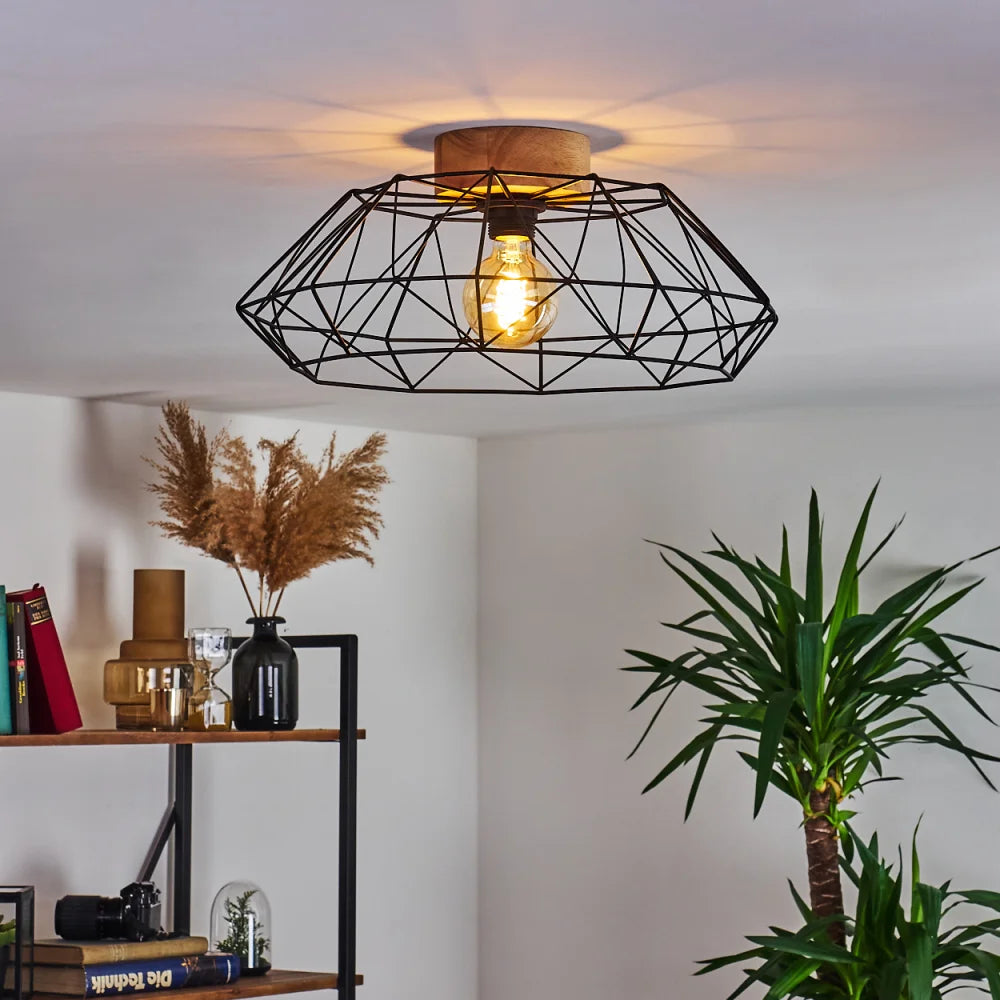 Industrial Wireframe Ceiling Light with Exposed Bulb