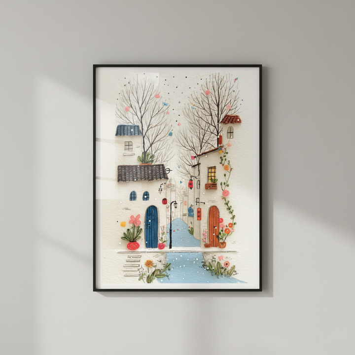 Charming Village Street Illustration Canvas