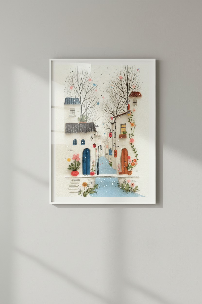 Charming Village Street Illustration Canvas