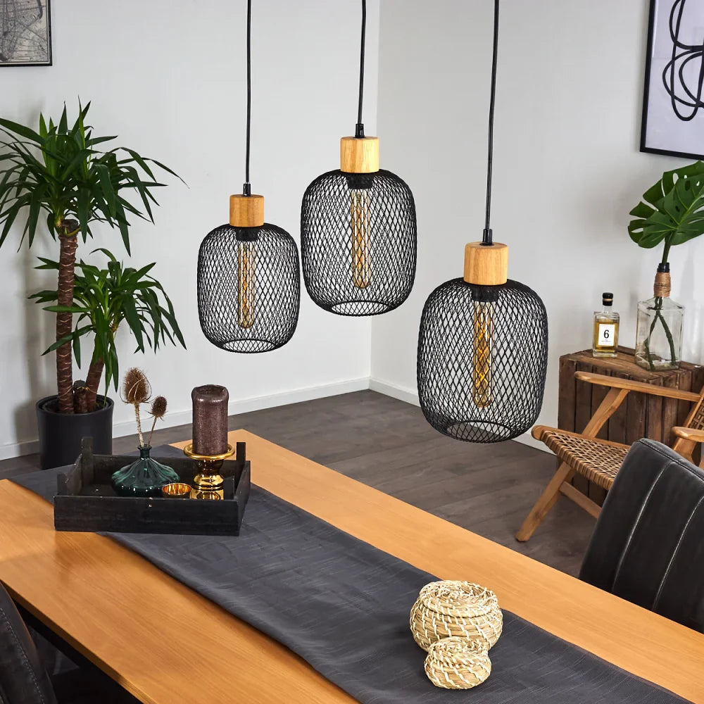 Industrial Mesh Pendant Light Trio with Wood Accents