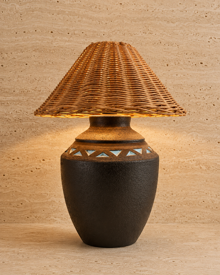 Coastal Rustic Woven Rattan Table Lamp with Ceramic Base