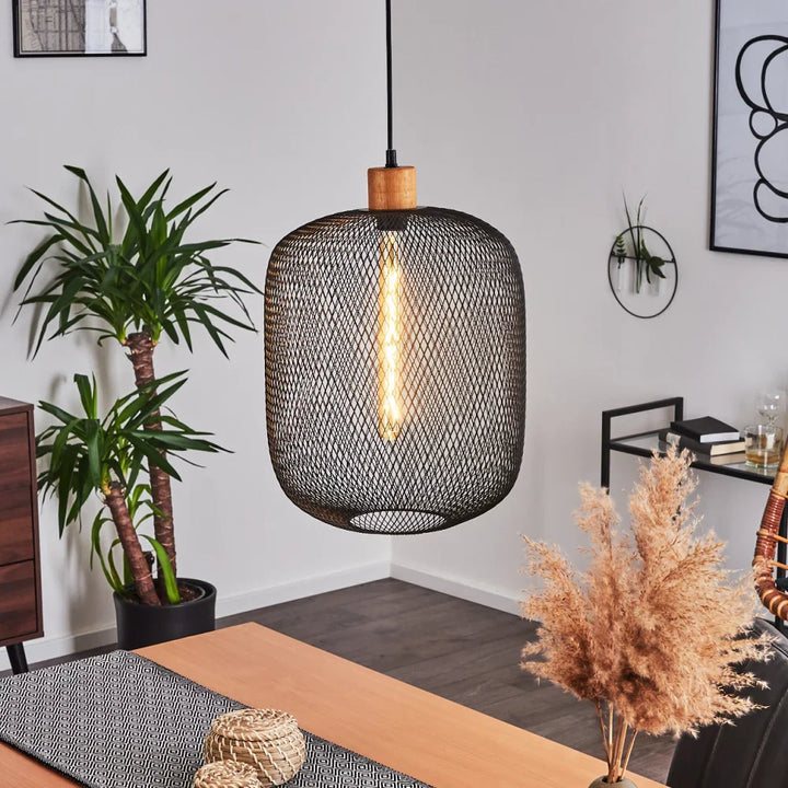 Industrial Mesh Pendant Light with Wooden Accent