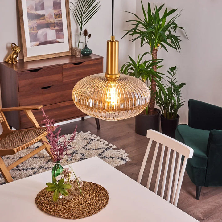 Elegant Amber Ribbed Glass Pendant Light with Brass Accents