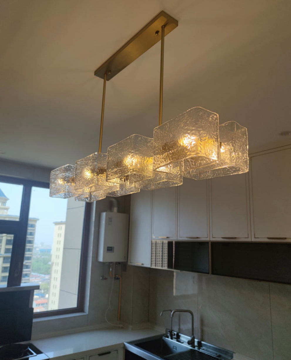 Modern Linear Chandelier with Glass Cubes and Gold Frame