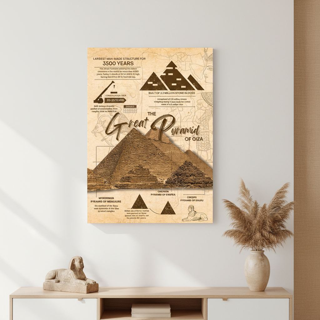 Vintage educational canvas of Great Pyramid of Giza with historic imagery and diagrams