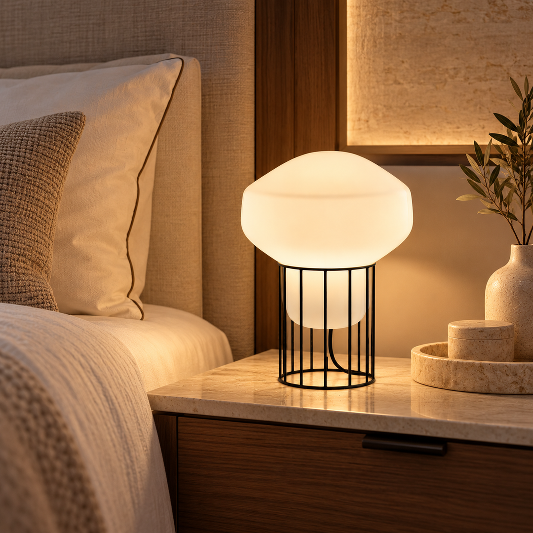 Modern White Globe Table Lamp with Black Metal Cage Base