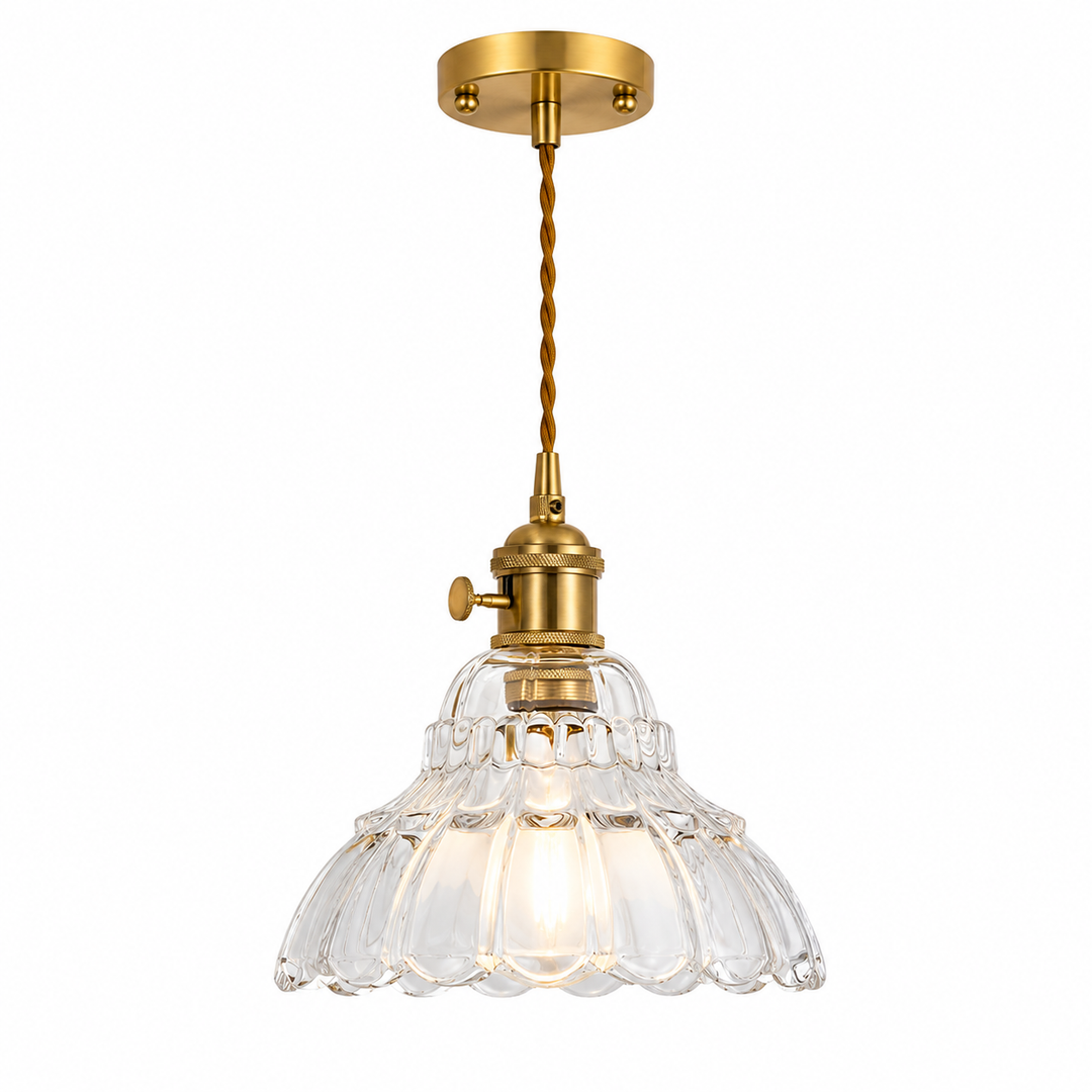 Vintage Green or Clear Ribbed Glass Wall Sconce or Pendant light with Brass Finish
