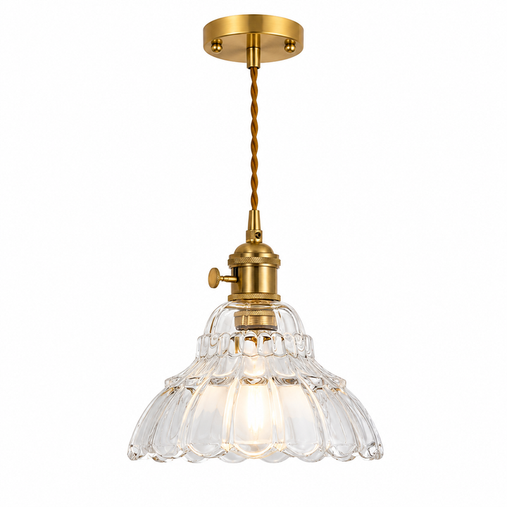 Vintage Green or Clear Ribbed Glass Wall Sconce or Pendant light with Brass Finish