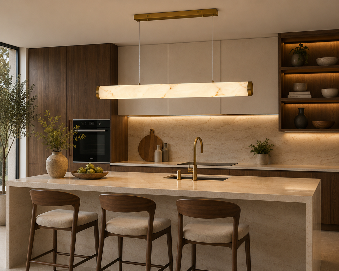 Modern Linear Marble LED Pendant Light with Brass Accents