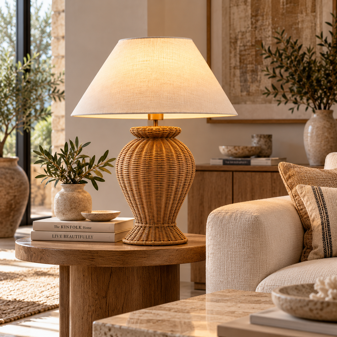 Woven Rattan Table Lamp with Linen Shade