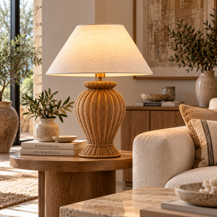 Woven Rattan Table Lamp with Linen Shade