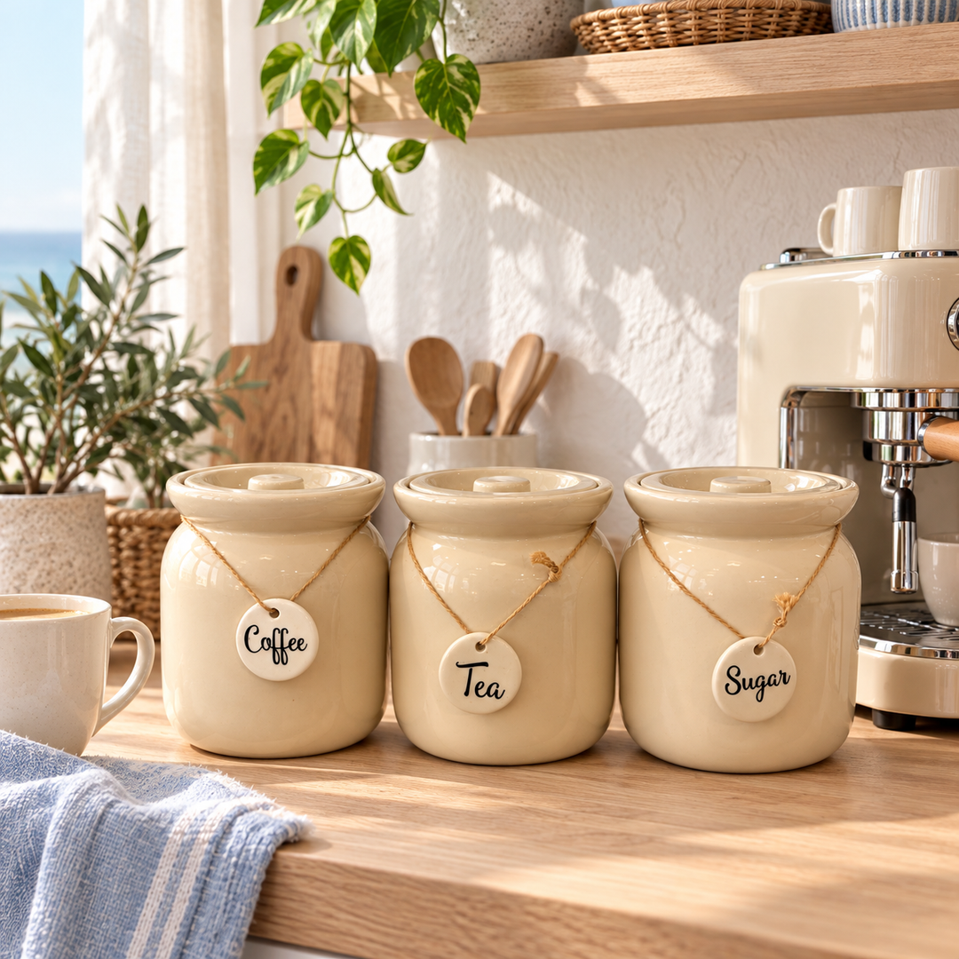 Three cream ceramic canisters labeled Coffee, Tea, and Sugar arranged on a kitchen countertop