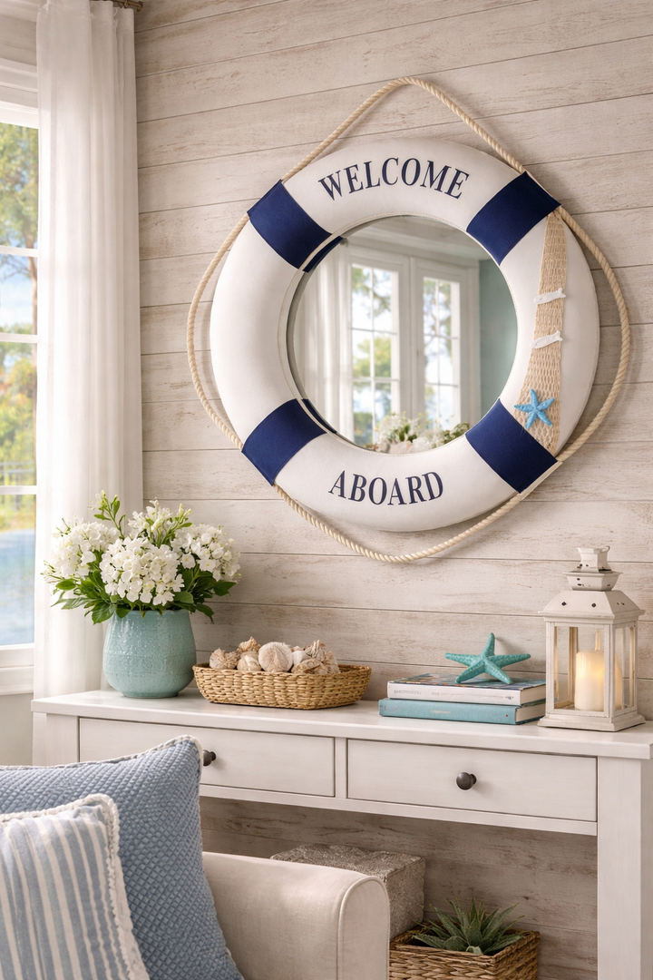 Nautical lifebuoy mirror with rope accent and marine decor elements