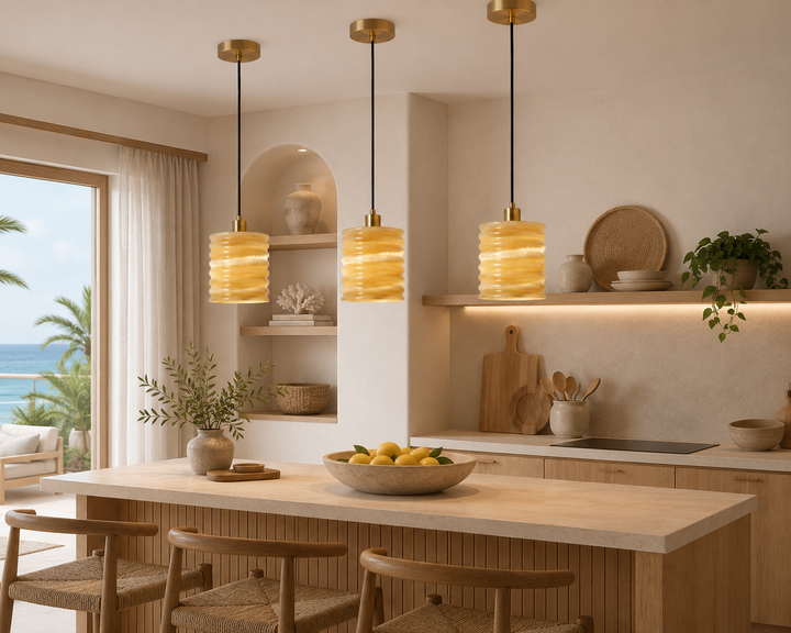 Modern Amber Ribbed Glass Pendant Light