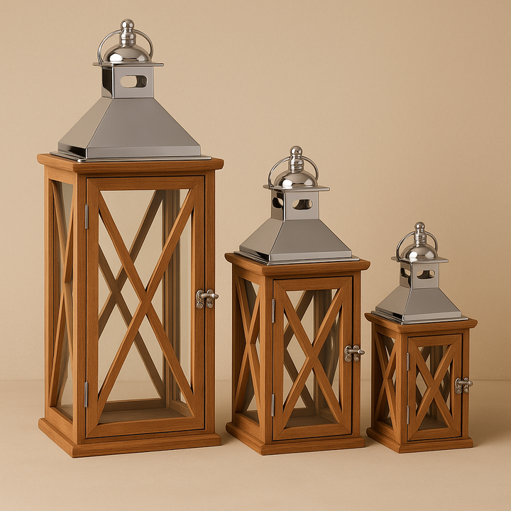 Modern Wood & Chrome Lantern Set (3-Piece)