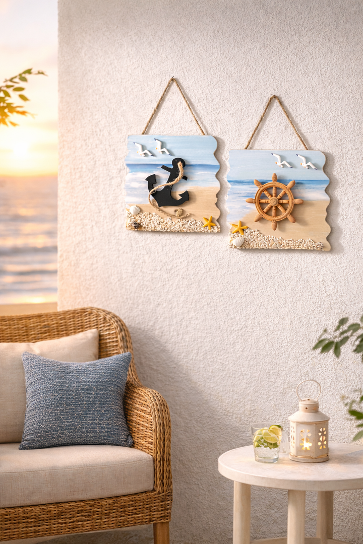 Beach wall art panels with anchor and ship wheel designs textured for coastal décor