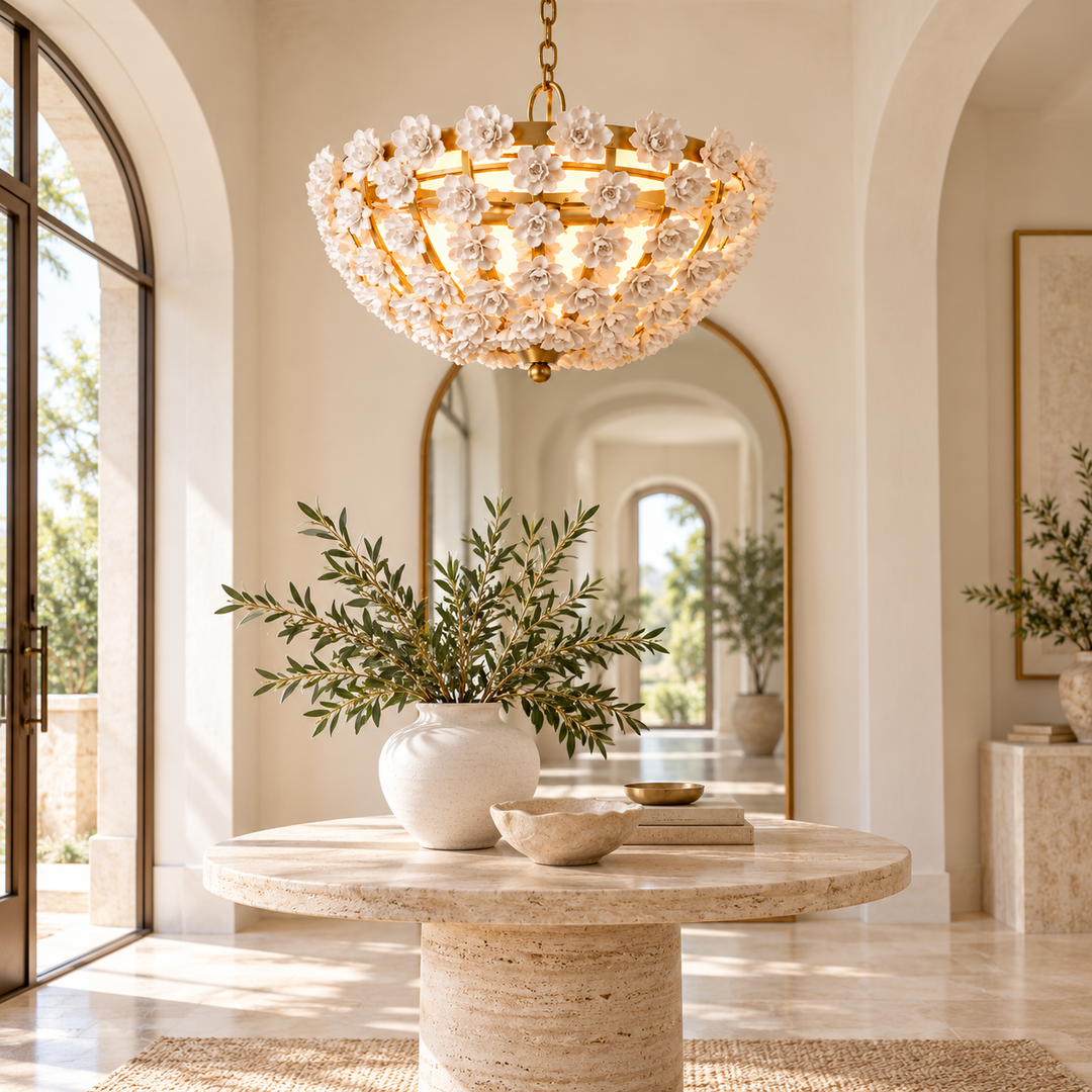White Floral Gold-Frame Bowl Chandelier