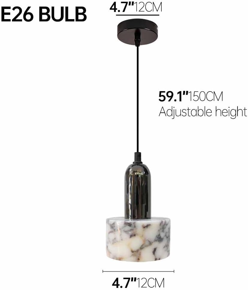 White marble cylinder pendant light with black socket, adjustable cord, and round ceiling canopy