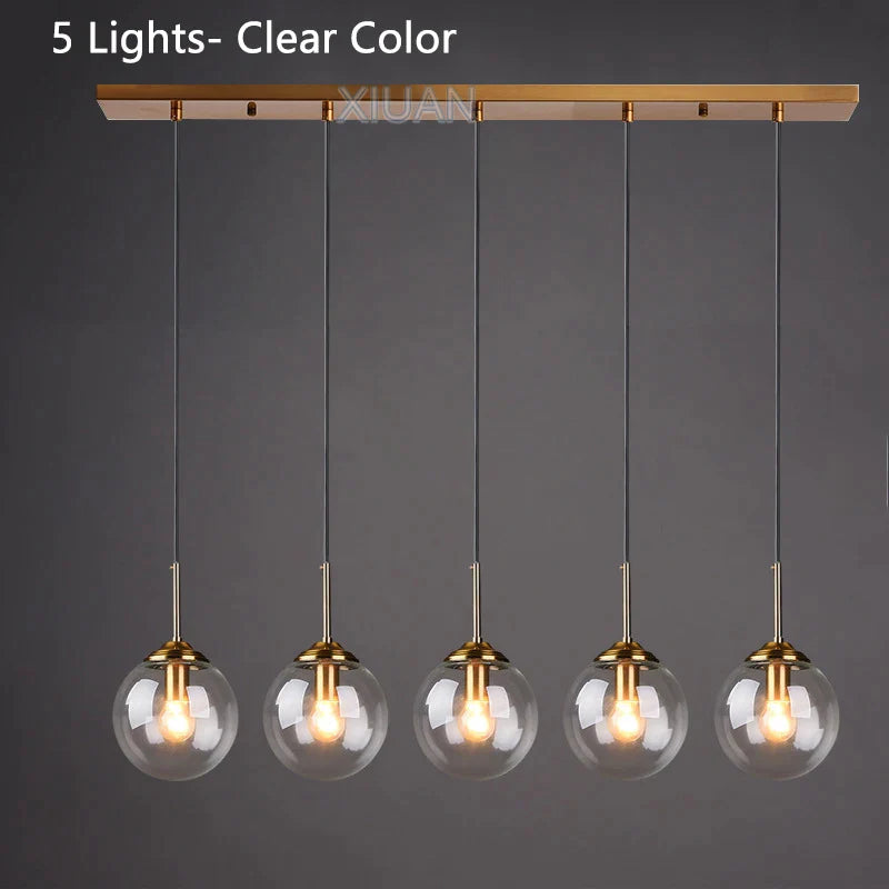 Modern 5-Light Globe Pendant Light with Smoked Glass and Brass Finish