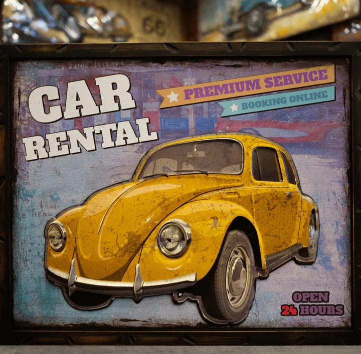 Vintage Yellow Car Rental Retro Wall Art