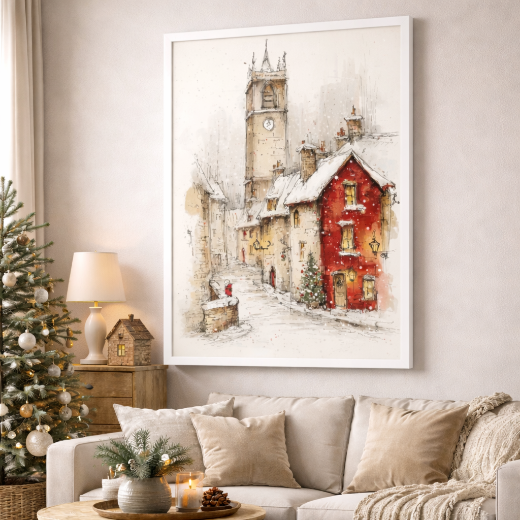 Winter Village Red House Canvas